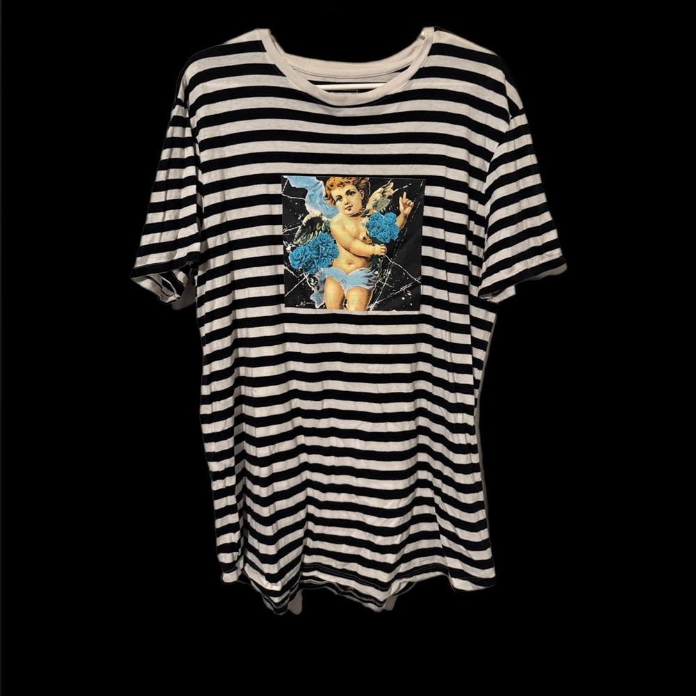 Black and White Striped Tee with Graphic